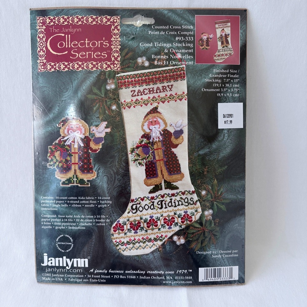 Vintage Janlynn Cross Stitch Kit‎ Good Tidings Santa Stocking & Ornament 93-333